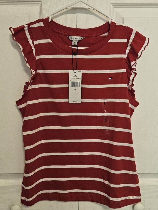 Tommy Hilfiger Tops - Tommy Hilfiger Red and White Striped Ruffle Flutter Sleeve Shirt Women's Size S